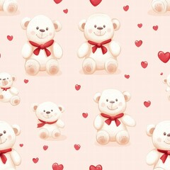 Aufkleber - Cute teddy bears with red ribbons and hearts on pink background designed for a cheerful atmosphere in childrens rooms. Generative AI