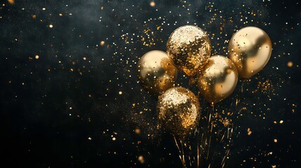 Wall Mural - gold balloons and confetti on black background for festive occasions