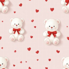 Poster - Cute teddy bears surrounded by red hearts on a soft pink background for cheerful decoration. Generative AI