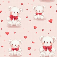 Poster - Cute teddy bears surrounded by hearts on a soft pink background for decoration and design purposes. Generative AI
