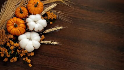 Canvas Print - Fall decor showcases vibrant pumpkins and cotton with wheat arranged beautifully on a rustic wooden surface