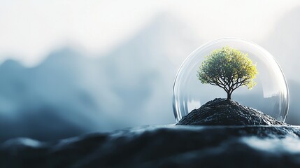 Wall Mural -  Glass ball containing tree atop mountain with foggy sky as backdrop