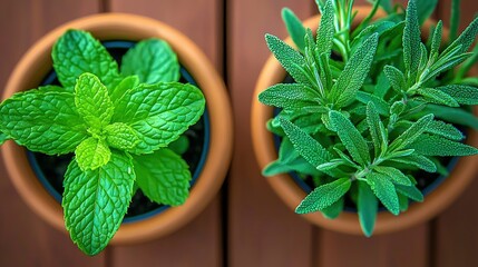 Poster -   Two potted plants sit side by side on a wooden table against a wooden wall