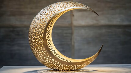 Wall Mural - golden crescent moon sculpture with intricate patterns carved across surface. features abstract and 