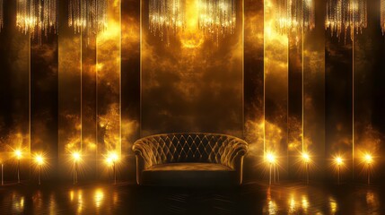 Canvas Print - Golden stage background with glitters and spotlights for glamorous events and celebrations