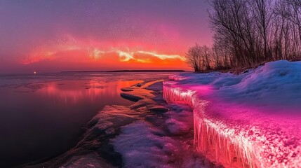 Sticker - Frozen shore at vibrant sunset with aurora borealis.