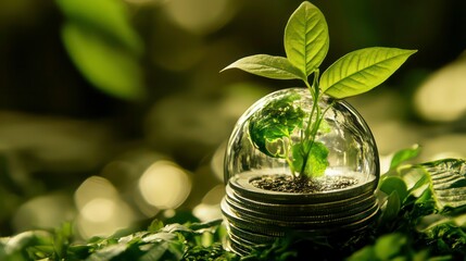 Wall Mural - young plant sprouting from coins under glass dome, symbolizing environmental protection and sustaina