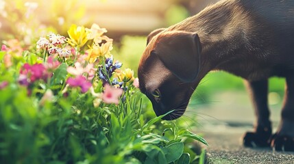 Sticker -   A close-up image shows a dog sniffing flowers in the foreground, surrounded by grass and a bench in the background