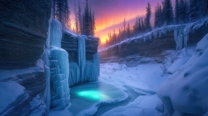 Sticker - Frozen winter waterfall cascading into icy pool, vibrant sunset hues illuminating frozen landscape.