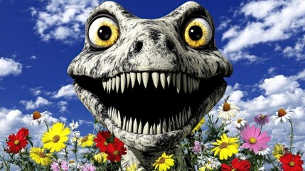 Poster - Funny dinosaur face with big eyes and open mouth, surrounded by colorful flowers against a partly cloudy sky.