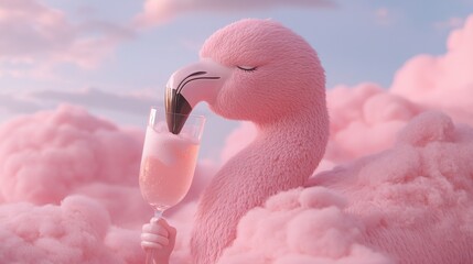 Sticker -   A flamingo in a cloud of pink with a wine glass in its beak