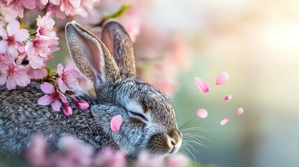 Wall Mural -   A close-up of a bunny with its eyes closed and pink flowers behind it