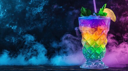 Wall Mural -   A drink with a green leaf, rainbow colors, and smoke as its garnish