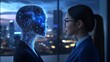 © Katarina - An intriguing scene shows a woman in business attire engaging with a digital hologram, blending human interaction with future technology within a cityscape backdrop.