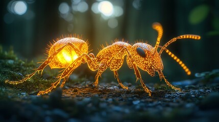 Wall Mural -   Close-up of a group of ants in a field of grass under a bright light in the foreground