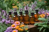 Aromatherapy Essential Oil Bottles Amidst Vibrant Floral Garden