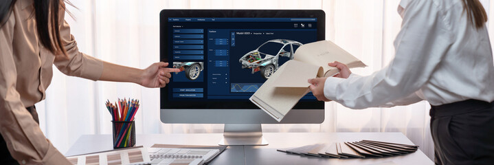 Poster - electric car design software on computer screen showing simulation blueprint brisk by digital calcul