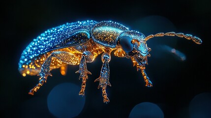 Wall Mural -   A close-up image of a blue and yellow bug with glowing back legs against a dark background