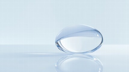 Poster - Clear glass droplet resting on a smooth surface reflecting light in a calm atmosphere. Generative AI