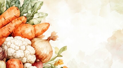 Wall Mural - Watercolor painting of fresh vegetables carrots, cauliflower, onions, potatoes.