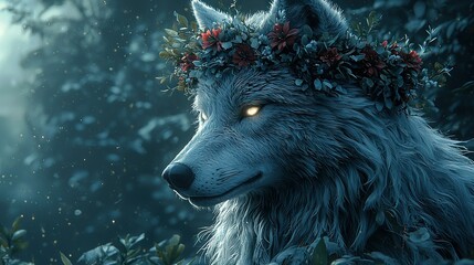    Close-up of a wolf wearing a floral wreath and gazing off into the distance