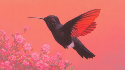 Wall Mural - hummingbird in flight above pink blooms