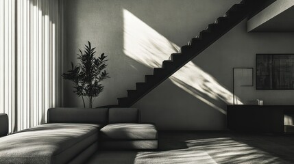 Wall Mural - Sunbeams in Minimalist Living Room: A contemporary living room, bathed in the soft light of the morning sun, features a minimalist design with a sleek staircase, low-slung sofa, and a potted plant.