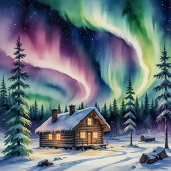 watercolor illustration of the Northern Lights over the snowy Finnish Lapland.