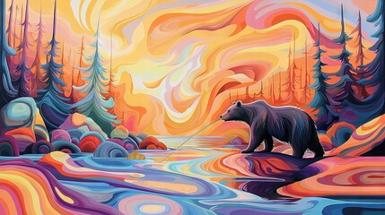 Wall Mural -   A bear walks across a river beneath a colorful sky with a bear on its back