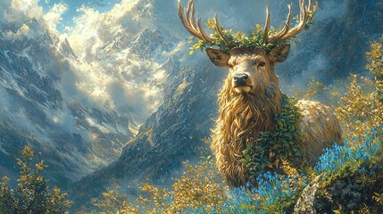 Canvas Print -   A painting of a deer adorned with a crown of blue flowers, standing majestically in a field of its own kind