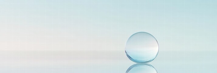 Leinwandbilder - Clear glass sphere reflecting light on a smooth surface under soft blue background. Generative AI