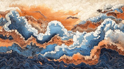  Abstract swirling cloudscape, earthy tones, aerial view, decorative art