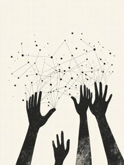 Poster - Silhouettes of hands reaching out to connect with lines and dots illustrating interconnectedness and collaboration. Generative AI