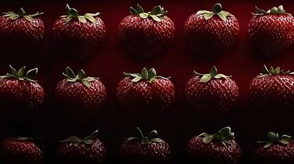 Wall Mural -   A close-up of strawberries against a red backdrop, featuring a green leaf atop one strawberry