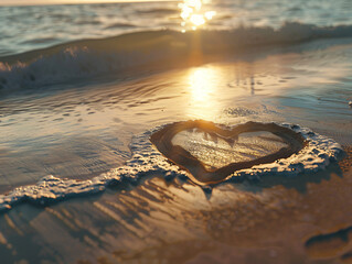 A heart drawn in the sand by the ocean shore, with gentle waves approaching under the golden light of sunset.