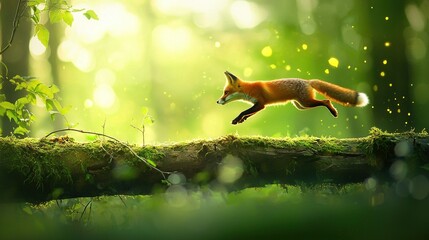 Poster -   A red fox jumps over a mossy log in a sunlit forest