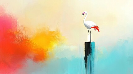 Wall Mural -   A flamingo painted on a wooden plank against an orange-yellow-blue canvas backdrop