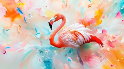 Sticker -   A flamingo in bright pink hue stands amidst a vibrant background with splashes of paint