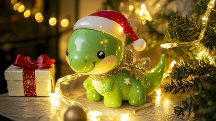 Wall Mural - Festive dinosaur figurine with Christmas lights. AI.