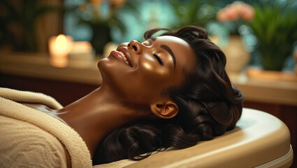 Portrait of beautiful young African American woman lying in spa salon, eyes closed, relax