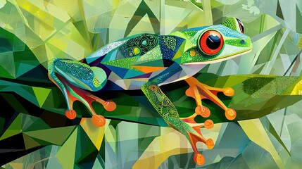 Poster -   A frog resting on a tree limb, surrounded by a vibrant green foliage in the foreground and a tranquil blue canvas behind