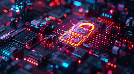 Poster - Glowing neon padlock symbol on computer circuit board with red and blue lighting effects, representing cybersecurity and digital data protection in modern technology.