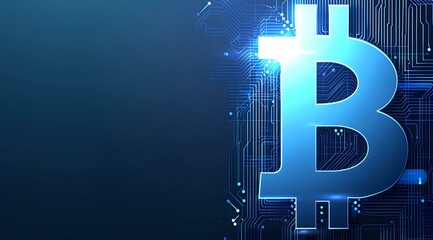 Poster - Glowing blue bitcoin symbol on dark background with digital circuit pattern, perfect for cryptocurrency and blockchain technology presentations and articles.
