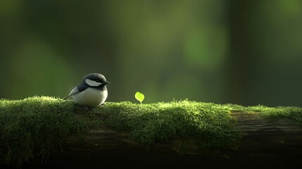 Sticker -   A little bird perched atop a moss-laden tree limb before a verdant tree trunk