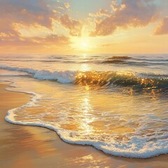 Canvas Print - Golden sunrise over ocean waves on sandy beach.