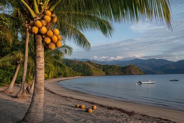 Wall Mural - Scenic Beach with Palm Trees, Golden Fruits, and Calm Waters at Sunset in Tropical Paradise, Capturing Serenity and Natural Beauty of Coastal Landscape