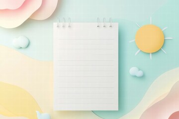Fototapete - Modern planner layout featuring abstract nature elements with sun, clouds, and mountains in vibrant colors. Generative AI