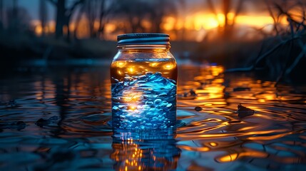 Poster - Magical glass jar with blue bubbles reflecting golden sunset light standing in water, creating ethereal atmosphere perfect for meditation, mindfulness and spiritual designs.