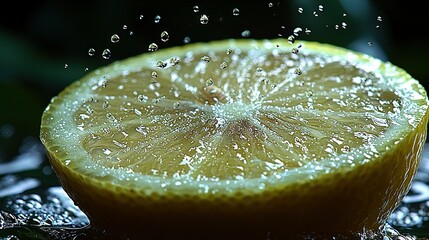 Canvas Print -   A close-up of a lemon slice with water droplets spilling off its edge and a green leaf in the background