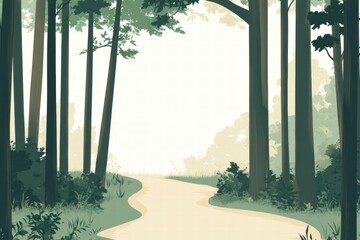 Poster - Winding forest trail through tall trees surrounded by lush greenery in early morning light. Generative AI